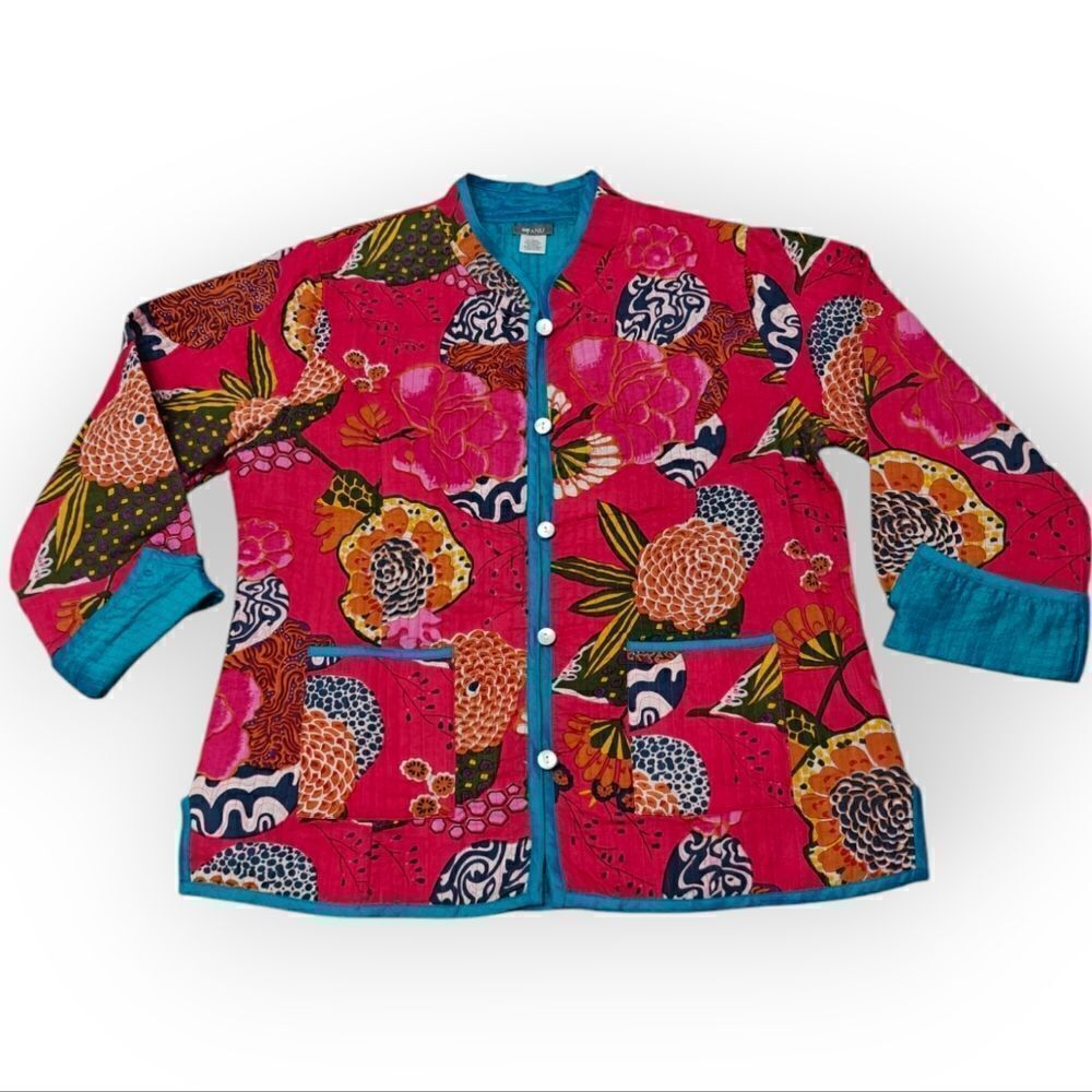 NWOT ANU INDIA DOUBLE SIDED QUILTED SILK COTTON FLORAL RED BLUE JACKET SIZE L